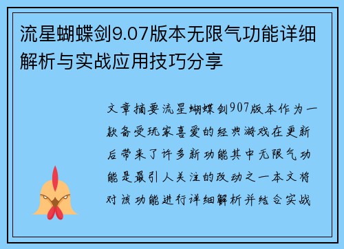 流星蝴蝶剑9.07版本无限气功能详细解析与实战应用技巧分享