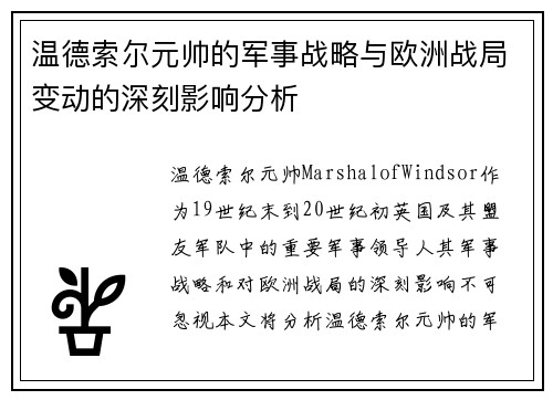 温德索尔元帅的军事战略与欧洲战局变动的深刻影响分析